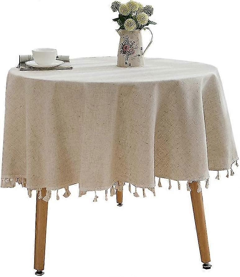 Solid Round Tablecloth With Tassels For Table Decoration(round 60 Inch, Beige)