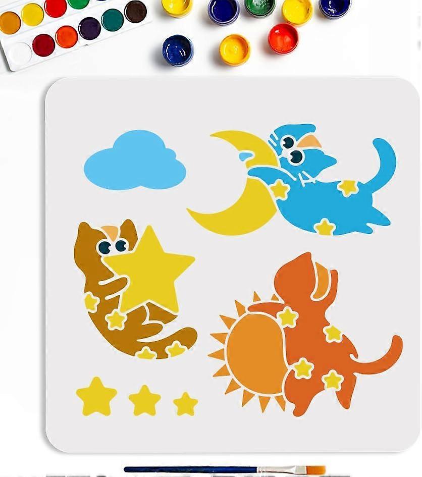 Cat Sun Moon Star Stencil 11.811.8inch Cute Star Cat Stencils for Painting with Paint Brush Reusable Magic Moon Cloud Cat Drawing Template for DIY Cra