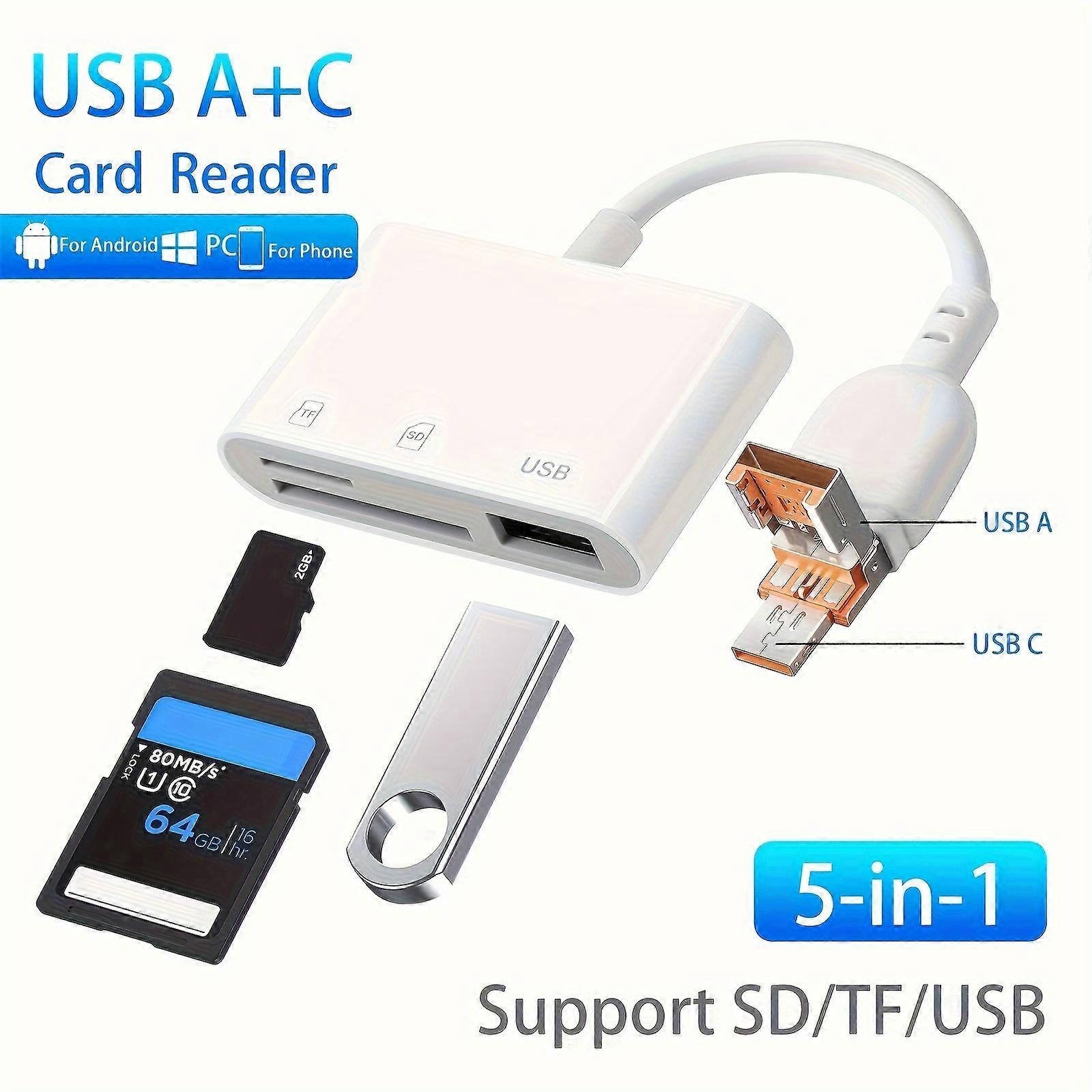 A Versatile 5-in-1 Adapter Hub For SD, Micro SD, And USB Devices, Compatible With Windows/Android, Featuring USB C And USB 3.0.