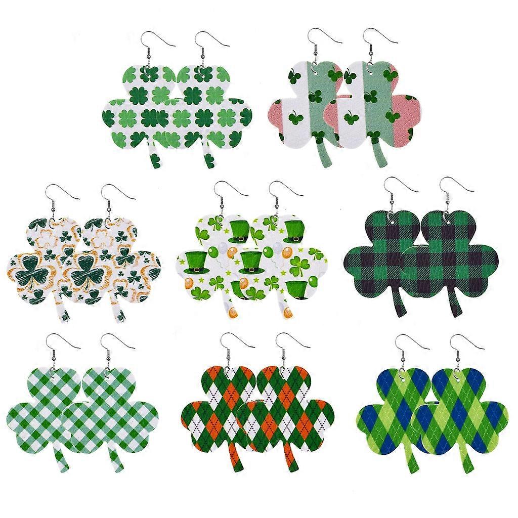 8Pack Green Shamrock-Clover Dangle Earring Patricks Day Dangle Earrings