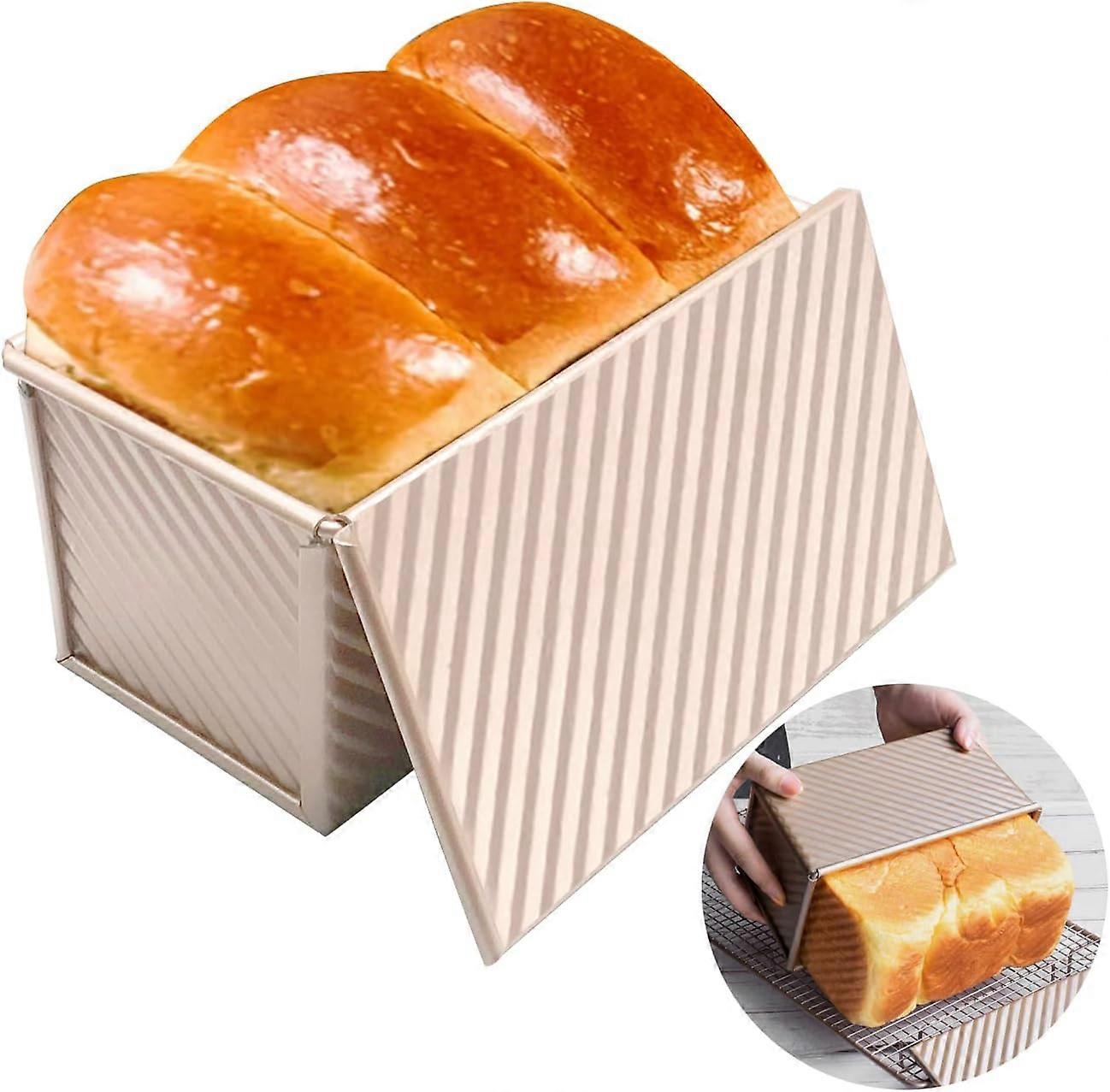 Golden - Loaf Pan with Lid Rectangular Bread Toast Cake Baking Pastry Machine Mold Non-Stick Ripple Sandwich Loaf Box for Baking Cakes and Toasts (1 P