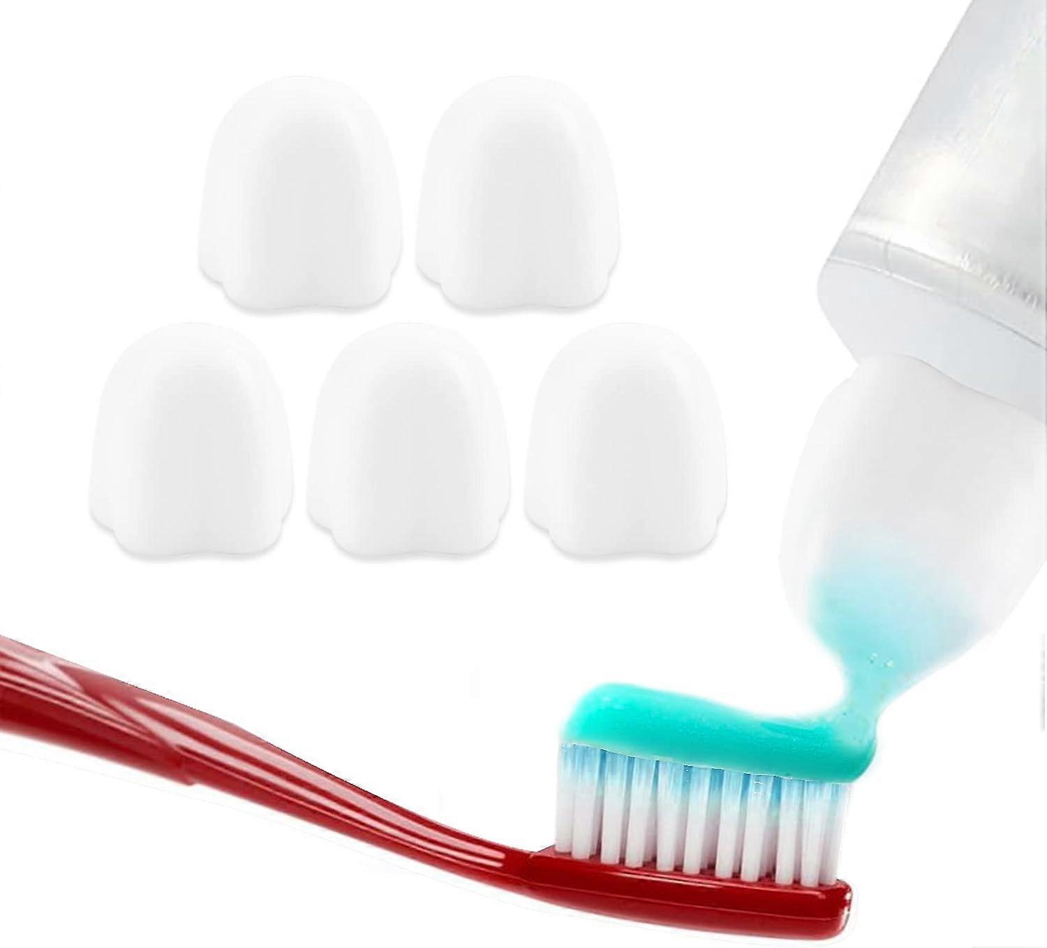 White - Self-closing toothpaste cap, 5 caps to avoid messing or wasting toothpaste, food grade silicone, BPA free.