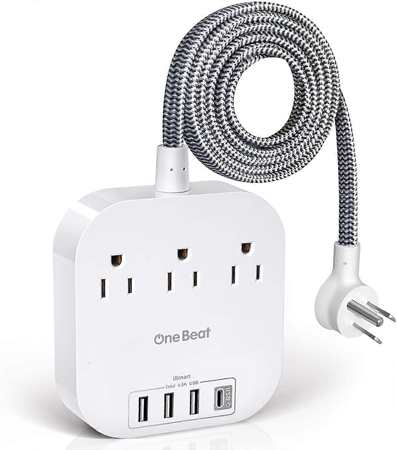 شريط طاقة بار الطاقة مع USB C ، 3 منافذ 4 منافذ USB (22.5 واط / 4.5 أمبير) محطة شحن سطح المكتب ، قابس مسطح ، سلك تمديد مضفر بطول 5 أقدام ، حماية من زيادة التيار