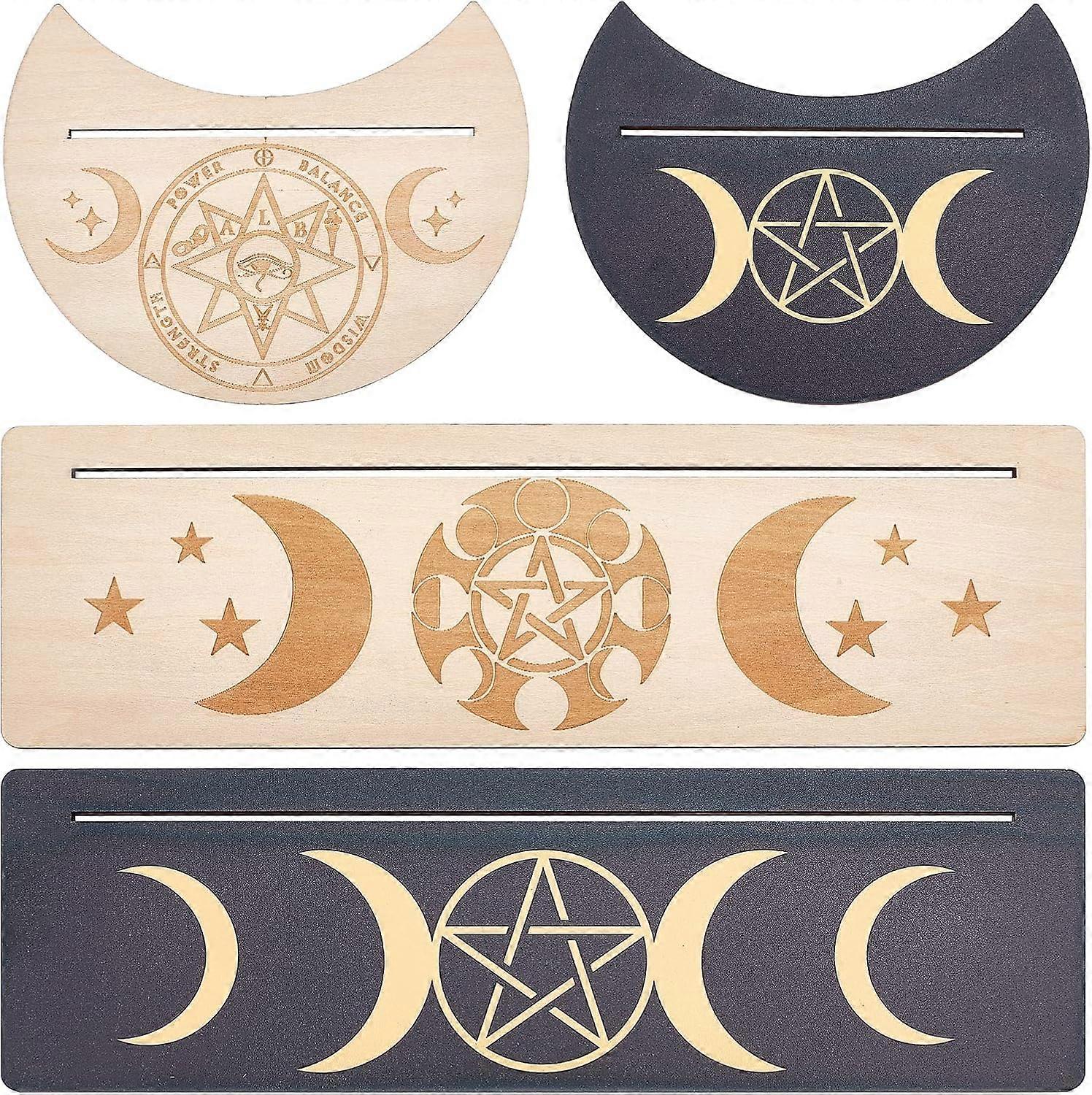 4 Pieces 2 Colors Wooden Tarot Card Stand Holder Moon and Pentacle Pattern Tarot Card Black Altar Stand Rectangle Moon Shape Tarot Card Display Holder