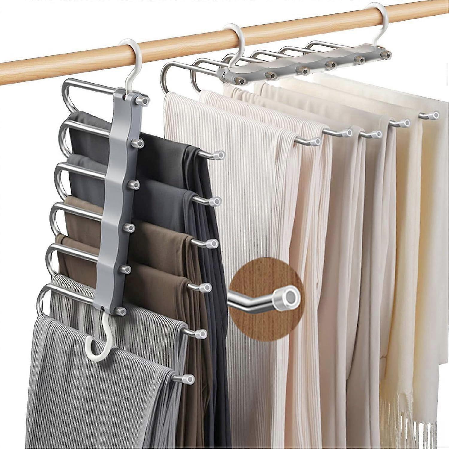 6 in 1 Trouser Hangers Space Saving, 2 PackNon-Slip Closet Organizer for Scarfs Jeans Clothes Trousers Towels (Grey)