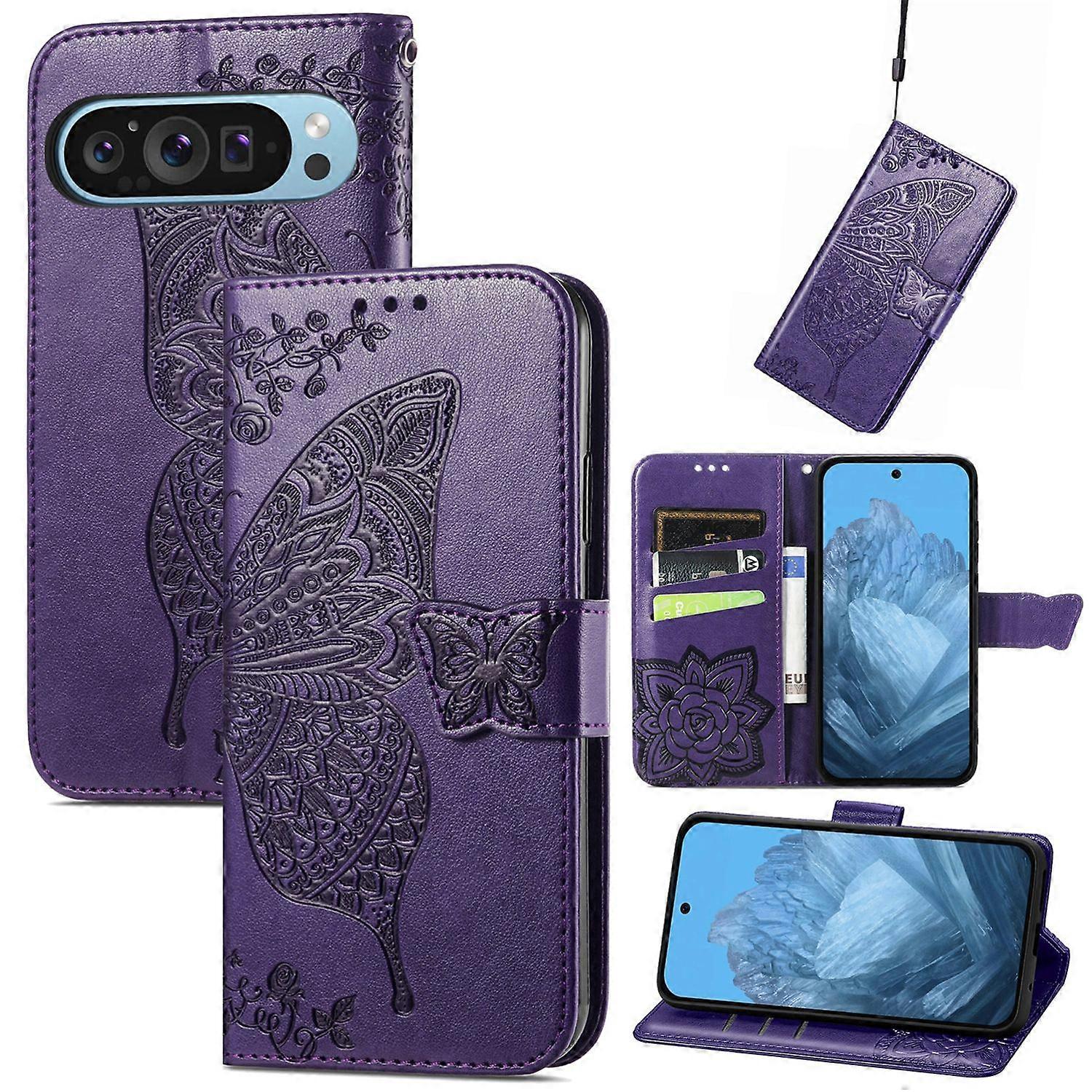 For Google Pixel 9/9 Pro Faux Leather Wallet Phone Case Butterfly Design Case Cases Purple