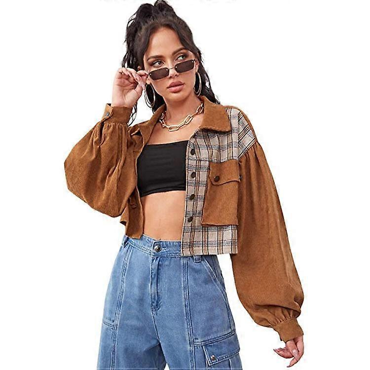 Women’s Euro-American Corduroy Patchwork Plaid Short Jacket Collared Lantern Long Sleeve Button Coat with Pocket Casual Work Style Fashion Short Coat