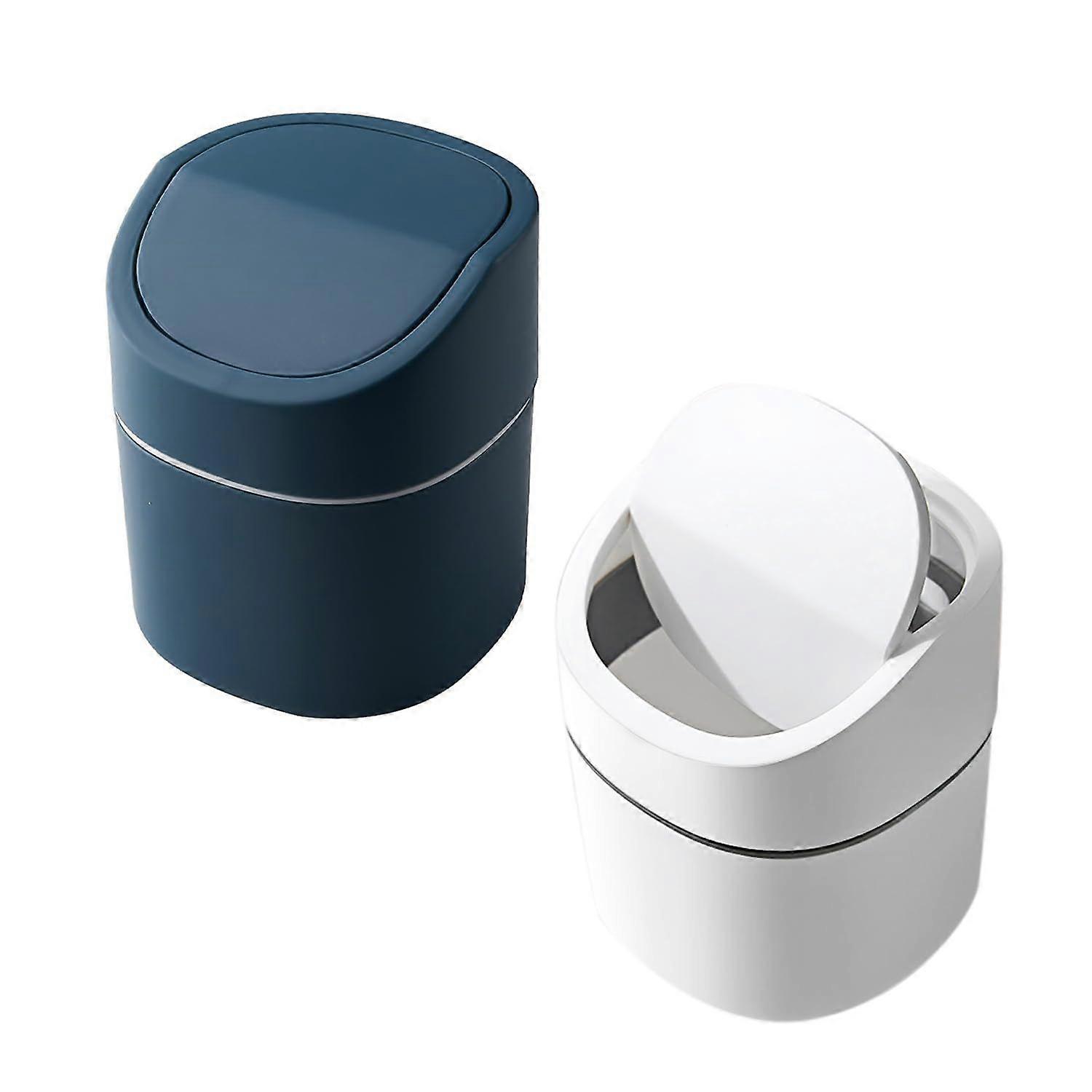 Pack Small Trash Can with Lid for Bedroom, Mini Office Trash Can, Portable with Lid, Blue, White