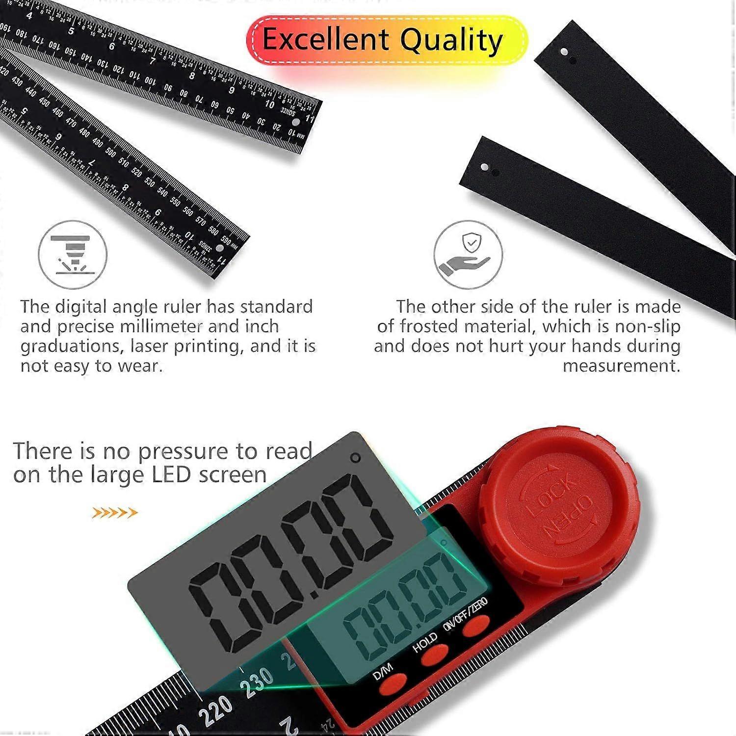 300mm Digital Angle Protractor Ruler, 2 in 1 Digital Protractor with LCD Display and Lock Function for Work