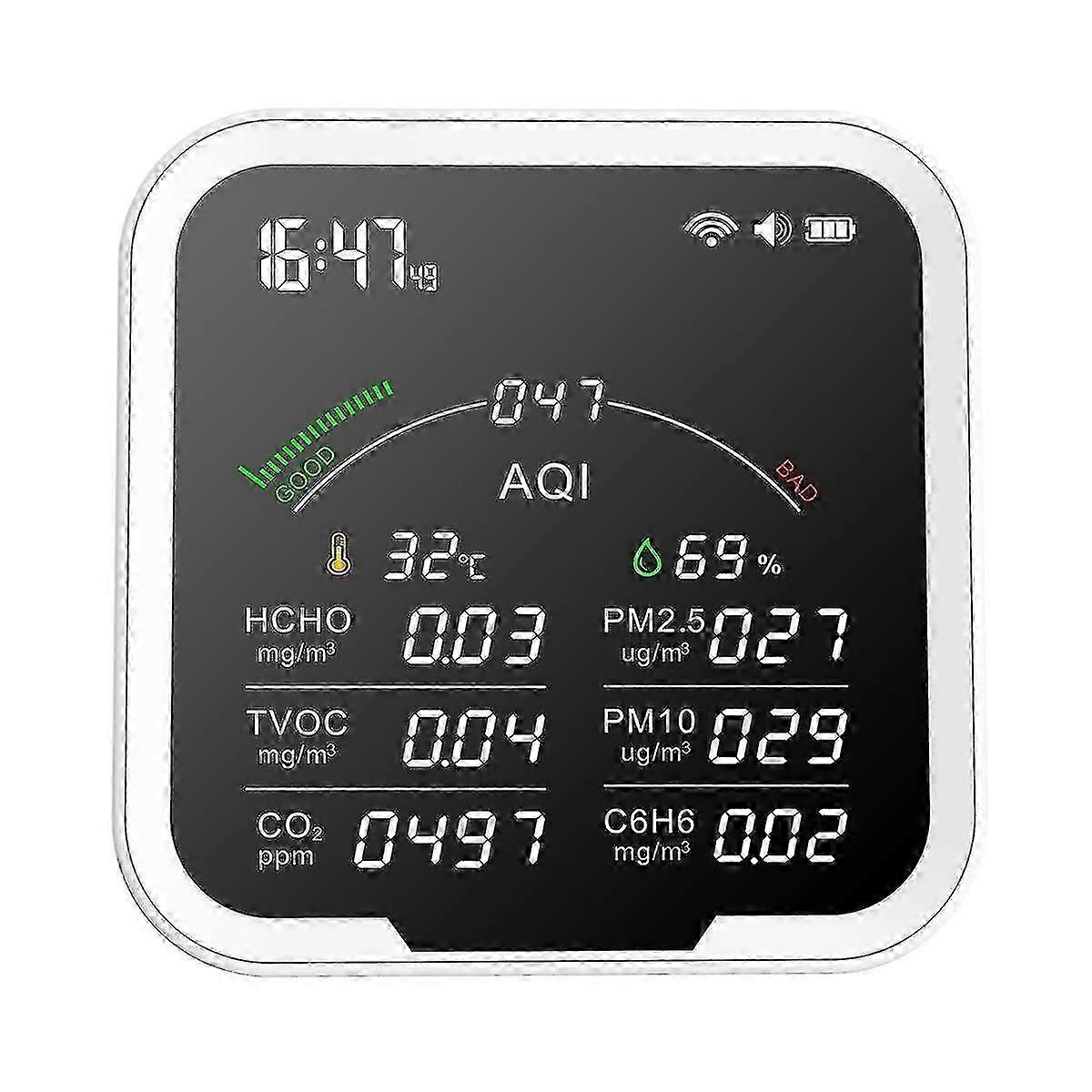 متعدد الوظائف مراقبة جودة الهواء ، مقياس الرطوبة الحرارية ، منبه الساعة وكاشف الغاز من Pm2.5 ، pm10 ، hc