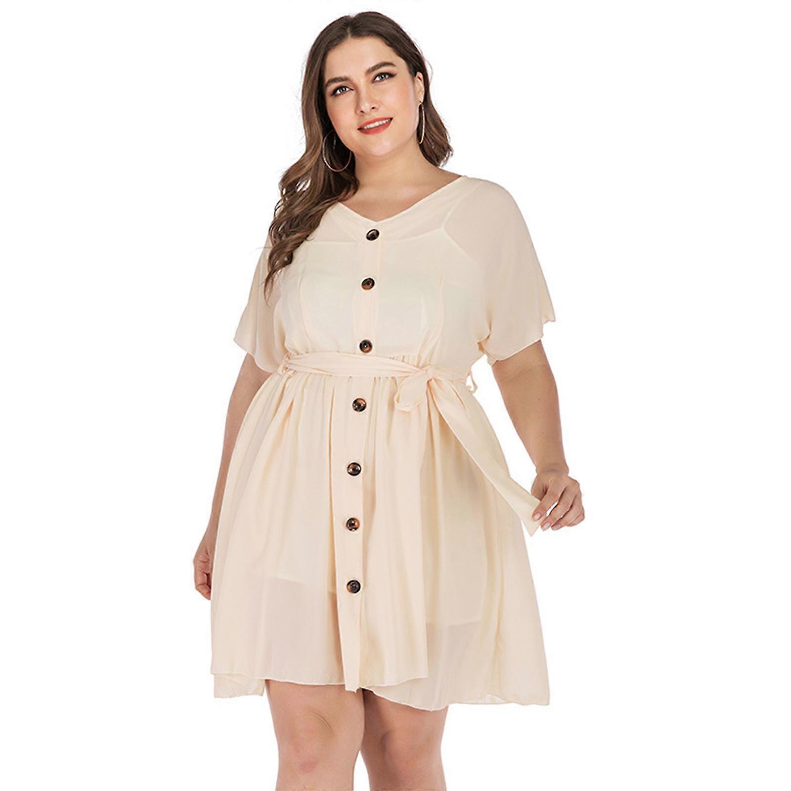 Women's Plus Size Short Sleeves Dress Female High Waist Mini Dress Summer for T Shirt Dress Button Vacation Dress with B  apricot XL