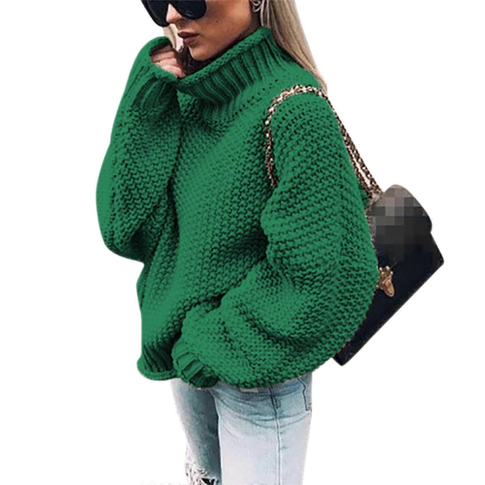 Damen Batwing Langarmpullover Rollkragenpullover Einfarbig Grobstrick Pullover Tops Grün L