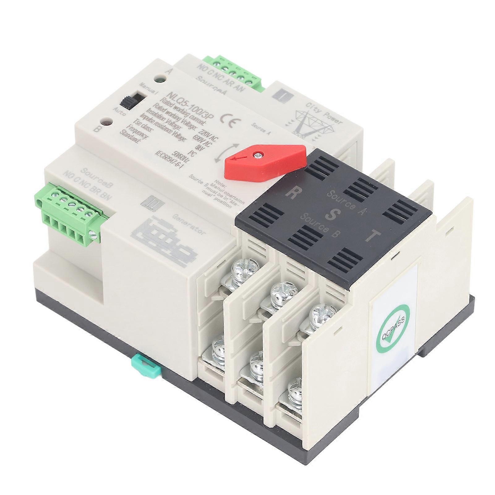 Dual Power Automatic Transfer Switch 3P Millisecond Fast Switching Timing Controller AC220V Rail Type ATS Mains to Motor 100A 