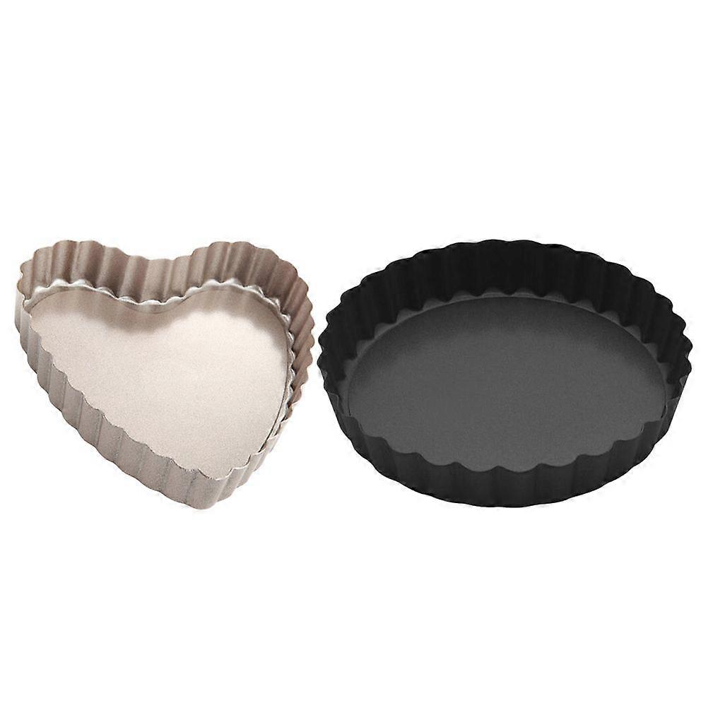 2pcs Egg Tart Plates Non-Stick Wavy Egg Tart Plates Home Egg Tart Plates (Golden Heart Shape Style and Black Gray Circle Shape)