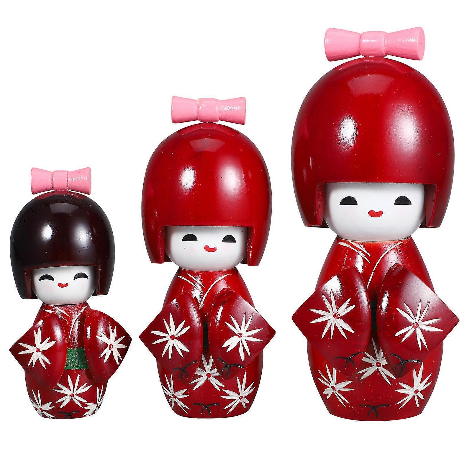 Japanese Figurines Wooden Kimono Cherry Blossom Pattern 3Pcs