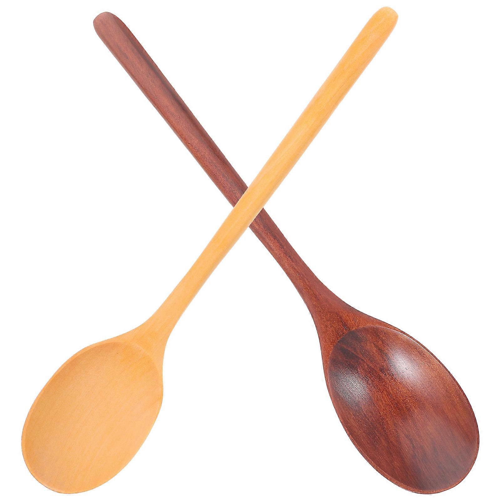 Long Handle Wooden Stirrer Spoons, 2 Pack, Smooth Polished Reusable Kitchen Utensils for Mixing, Serving Salads, Soups, and Powders, Heat Resistant