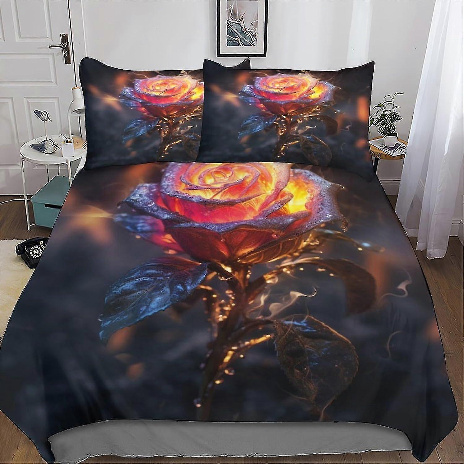 Conjunto de Capa de Edredom Flame Rose, Capa de Colcha 3D True Love com Fronhas, para Microfibra Macia com Fecho de Zíper, Conjunto de 3 Peças