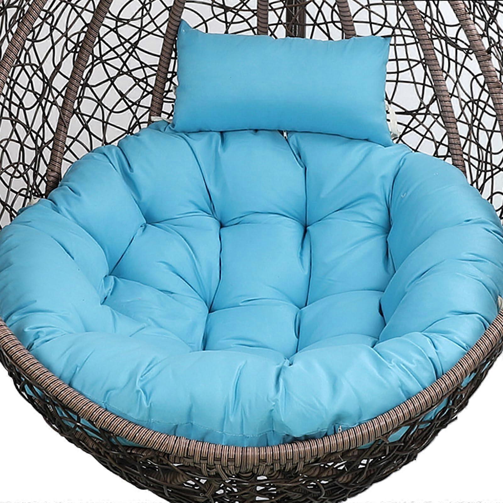Round eggshaped hanging chair cushion with headrest, washable and removable, for indoor and outdoor use, blue, 116 cm in diameter.