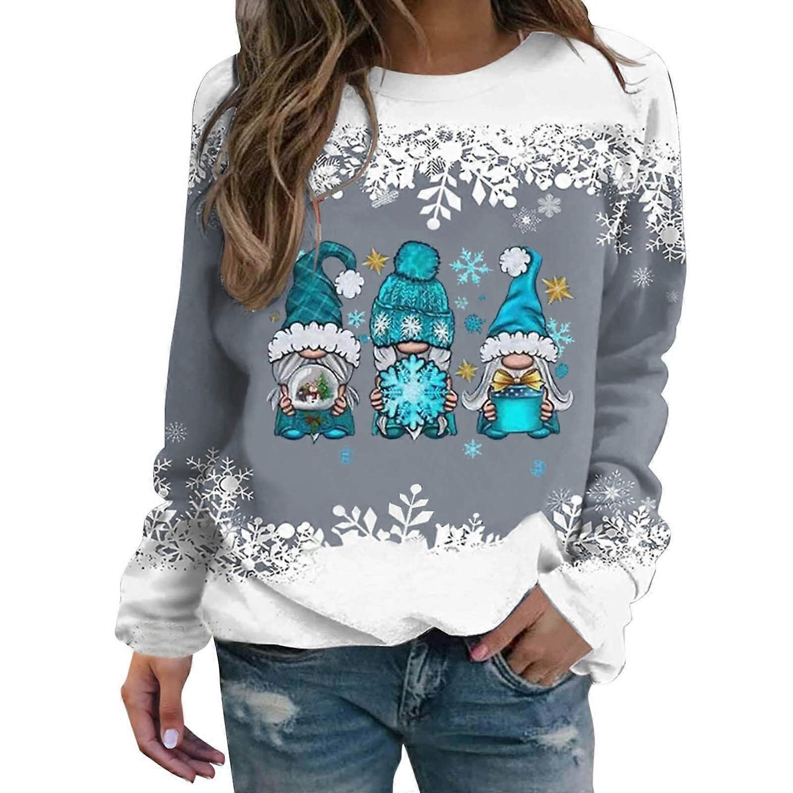 Weihnachtspullover Für Damen, Y2K Bunter Pullover, Große Größen, Baumwoll Weihnachten Langarmshirt, Rundhals S Grau