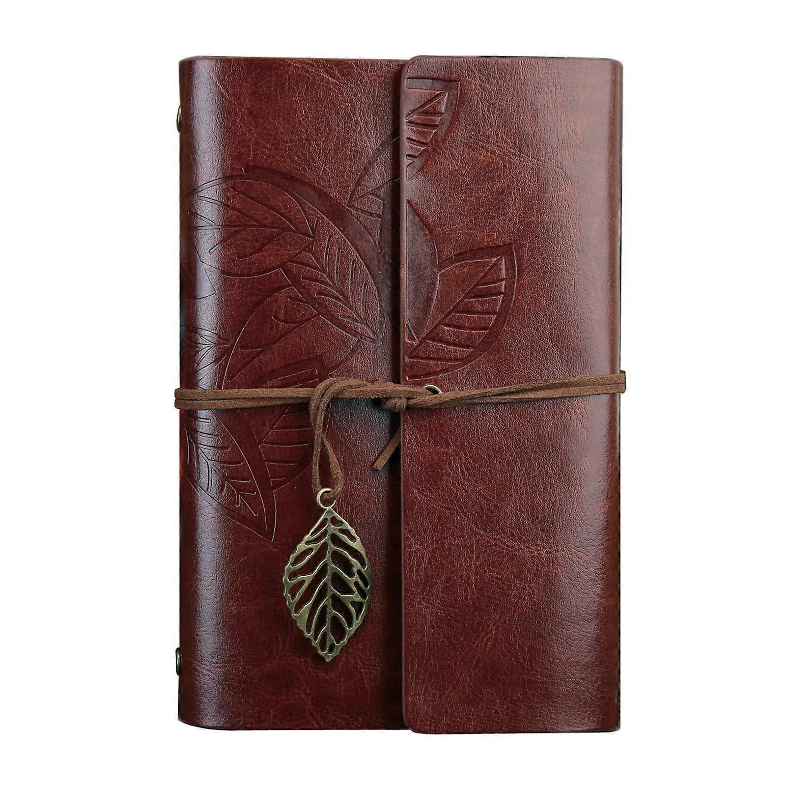 Vintage Retro PU Leather Notebook Journal Diary with Vintage Leaf Pattern, 105x145mm, Unlined Paper, Dark Brown, Spiral Binding