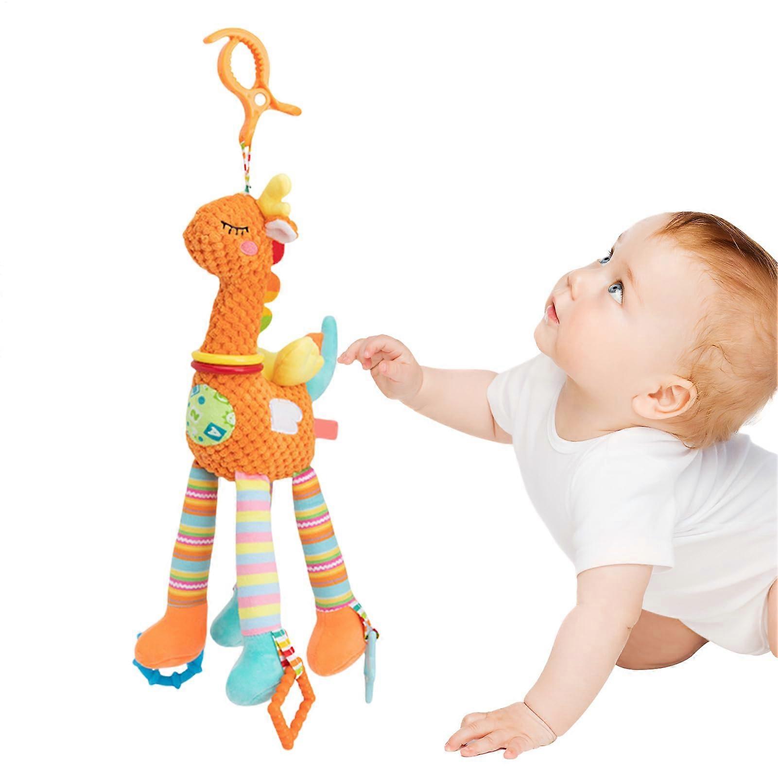 Baby Rattle, Crinkly Squeaky Toy with Cute Design Travel Toy with Wind Chime, Soft Plush Toy for Boys and Girls, Orange