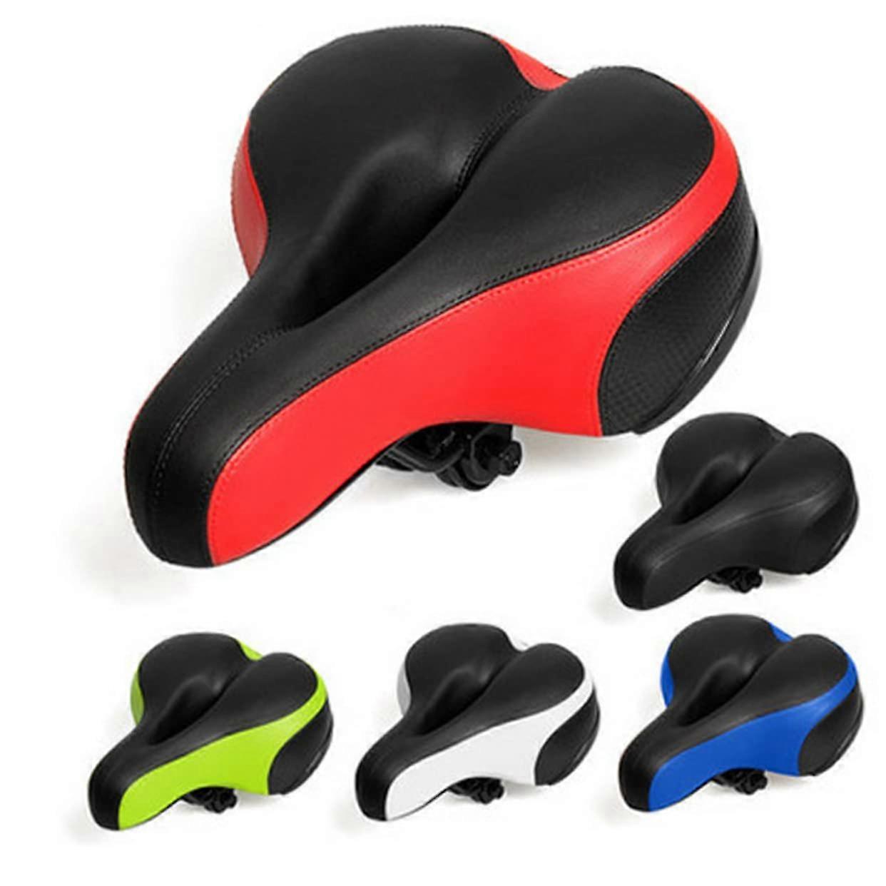 Soft bicycle saddle with thick sponge padding and shockabsorbing spring balls, reflective sticker for ergonomic design for comfort.