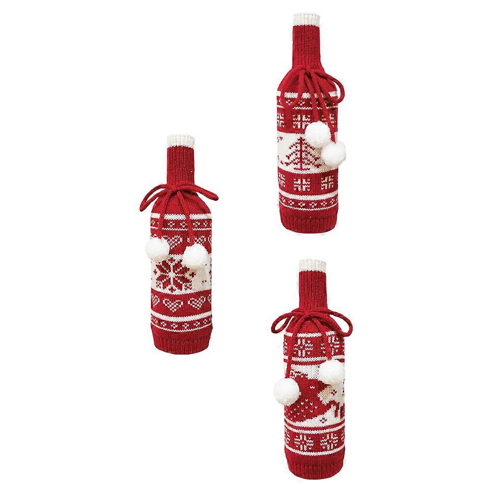Red Knitted Decorative Cover For Wine Bottles Christmas Protector Suitable For Family 3Pcs