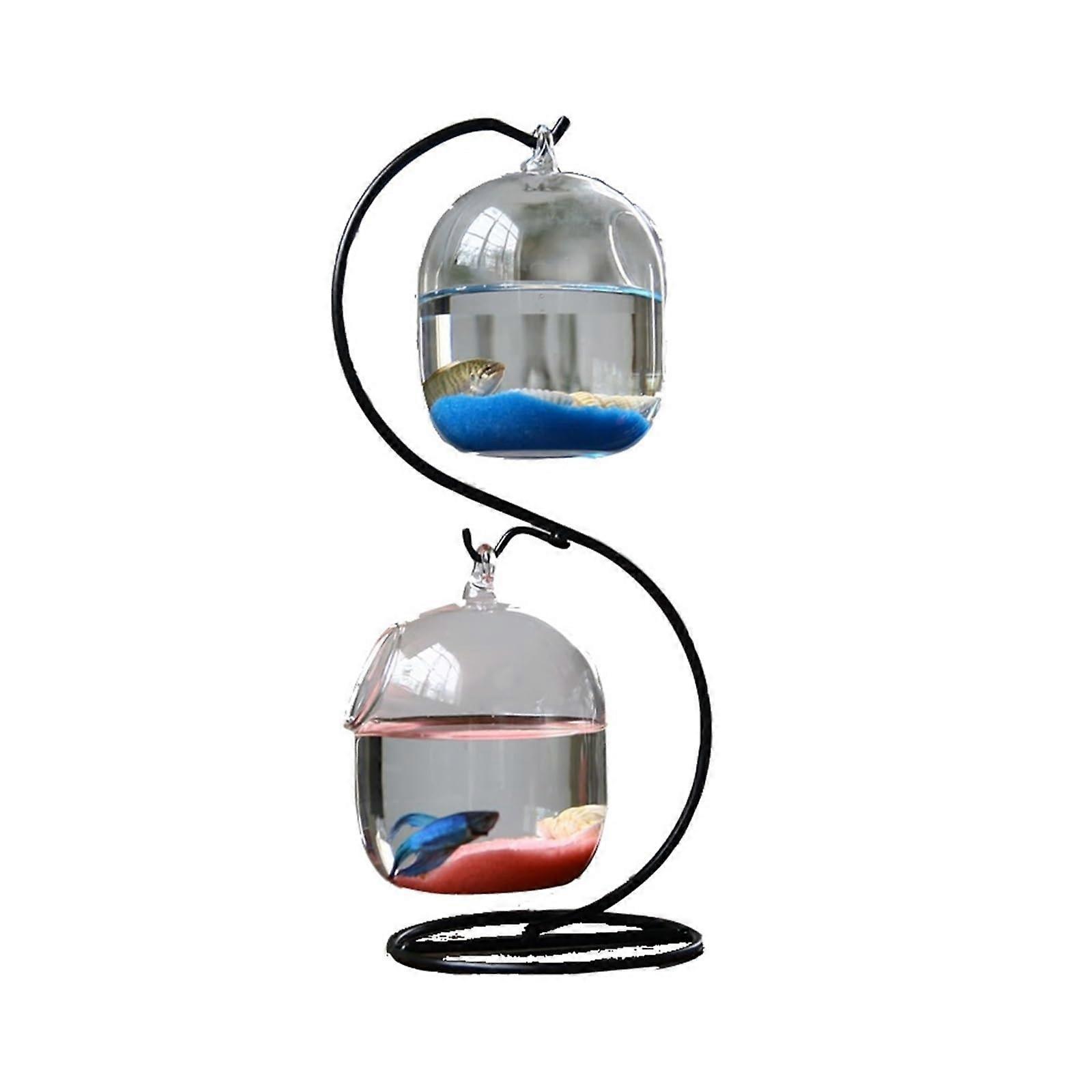 Fish Tank Desktop Decorative Bent Shape Metal Frame With 2 Small Glass Tanks Aquarium