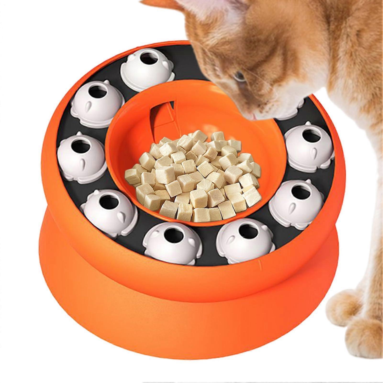 Cat bowl – rotating puzzle feeder for cats, slows fast eating, travelfriendly, orange