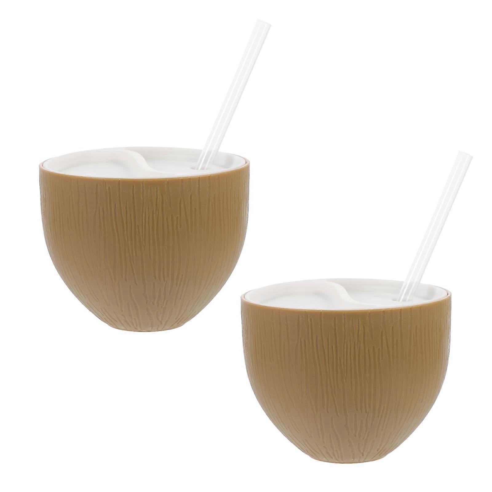 2pcs Disposable Coconut Shape Cup Drinking Cups Party Cup with Lid and Straw