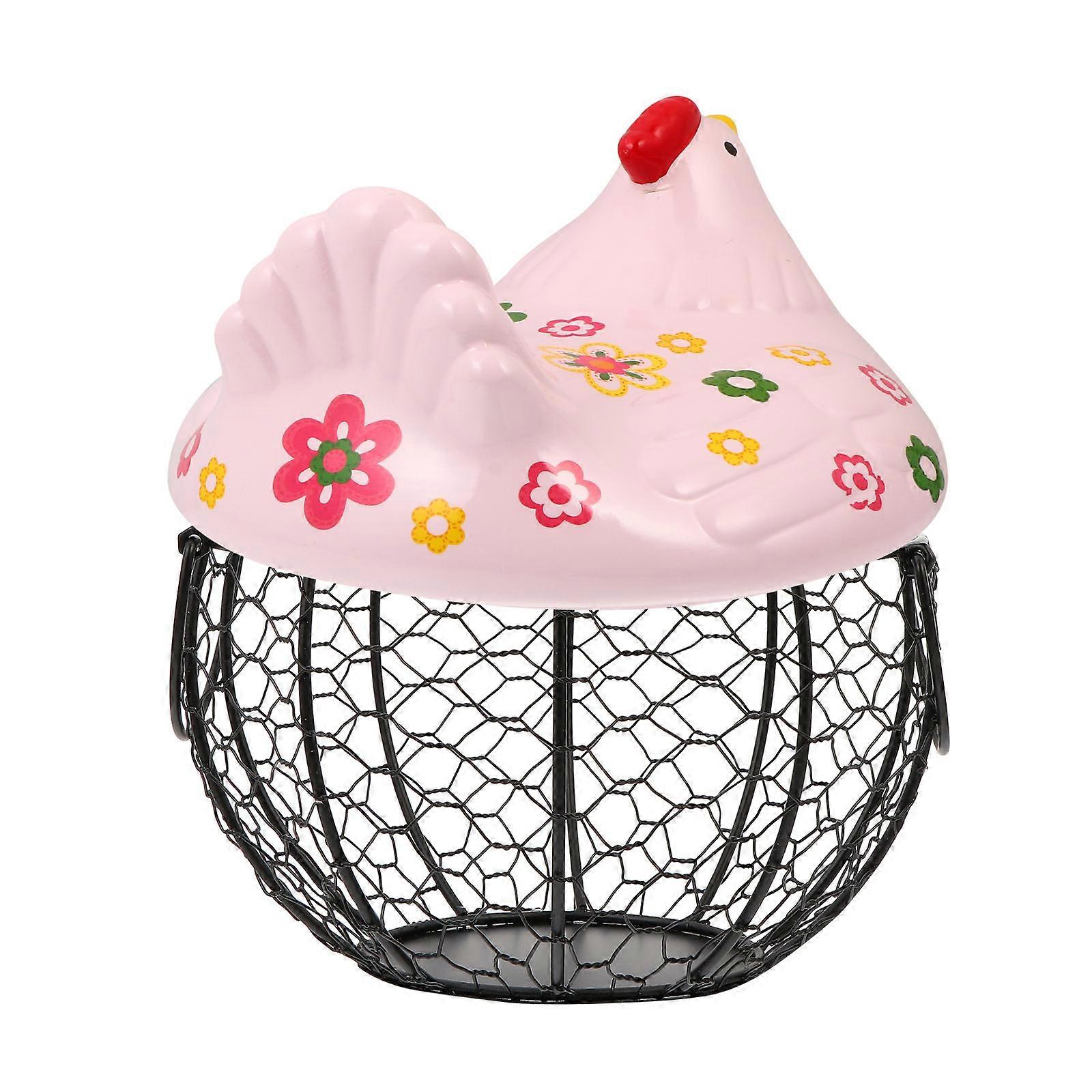 Pink Sturdy Iron Egg Basket with Hen Lid for Storage Can Hold Approximately 25pcs Eggs