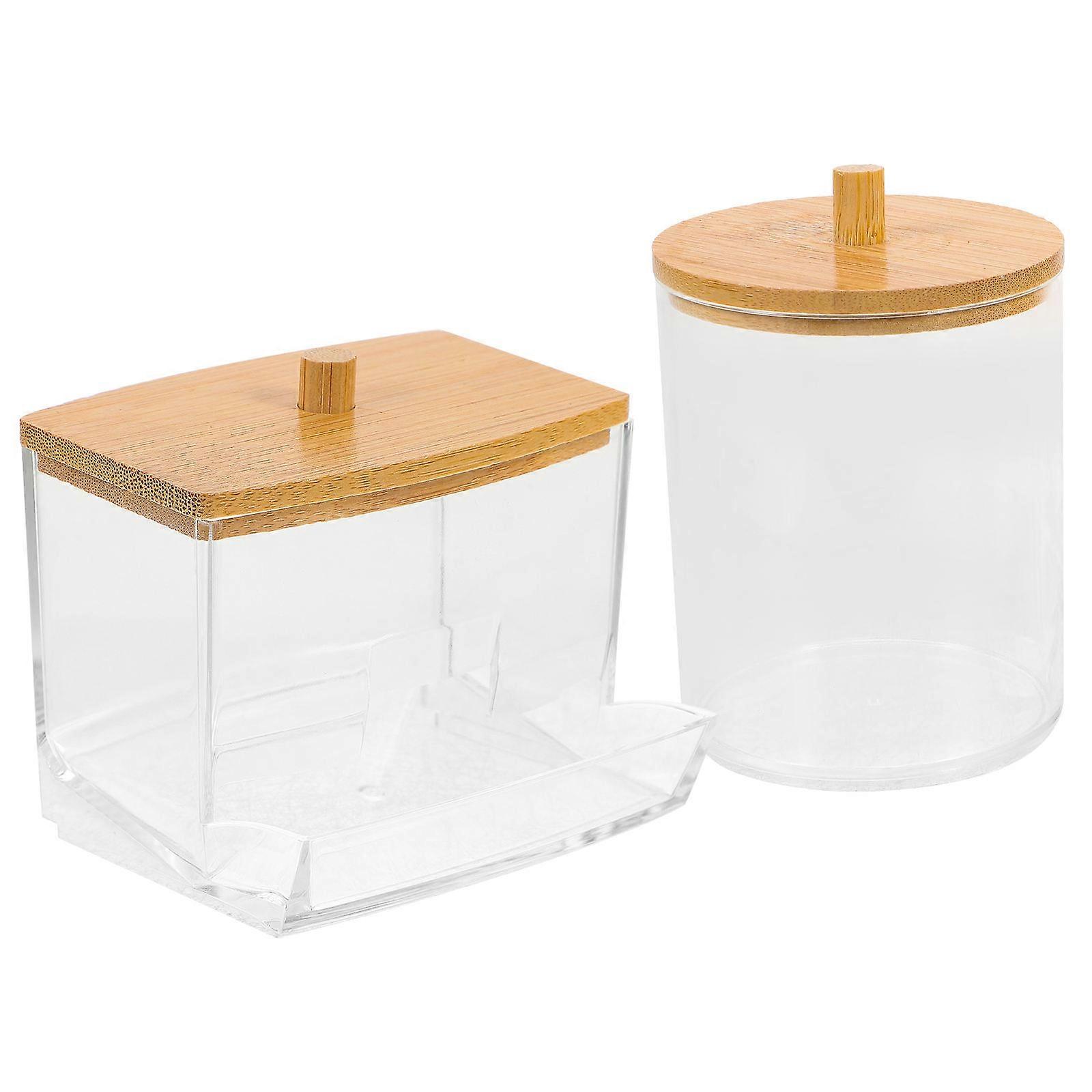 Cotton Swab Jar Holder For Daily Use With Bamboo Lid In Transparent Color 1 Set