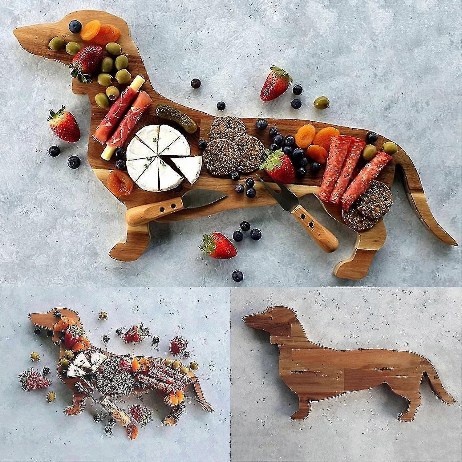 2025 Wood Serving Platter Dachshund Dog Dinner Plate, Multiple Spaces Reusable Cutting Board, Novel Shape Charcuterie Board Server Trays Dessert Platt