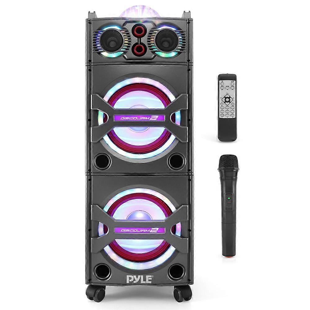 Système de sonorisation portable Bluetooth Pyle 2000 W avec microphone intégré et éclairage festif.