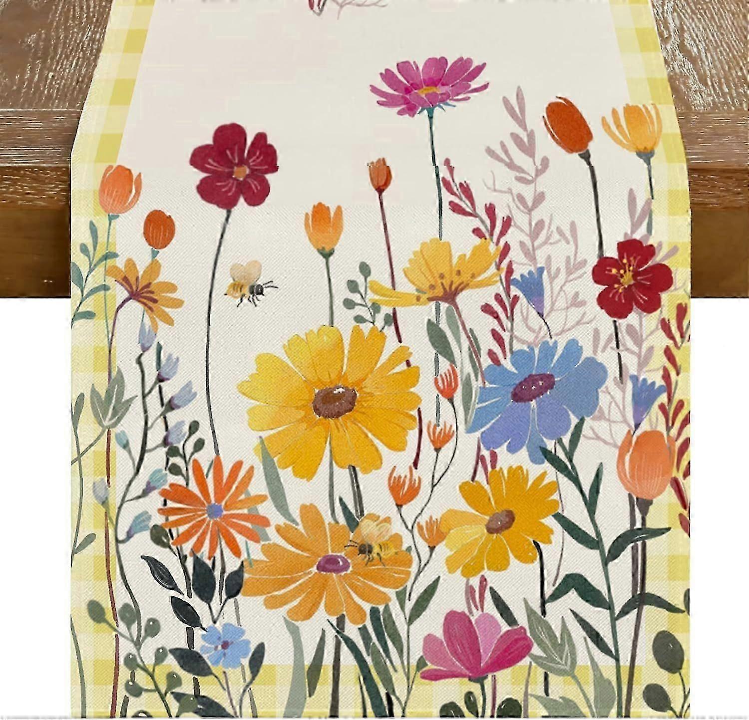 Floral Daisy Spring Summer Table Runner, Seasonal Colorful Yellow Buffalo Plaid