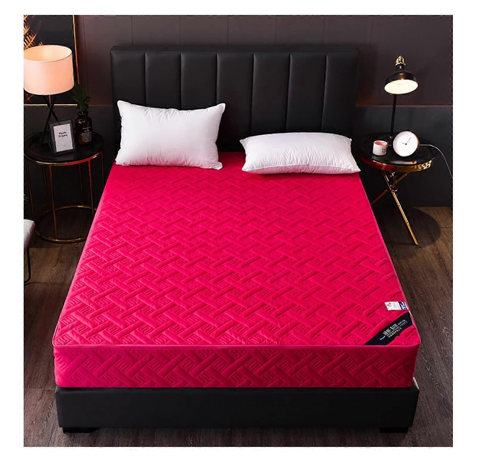Mattress Cover Quilted With Zipper SixSided Removable Polyester Waterproof Protector Pad Queen Size 180x200x20cm Red