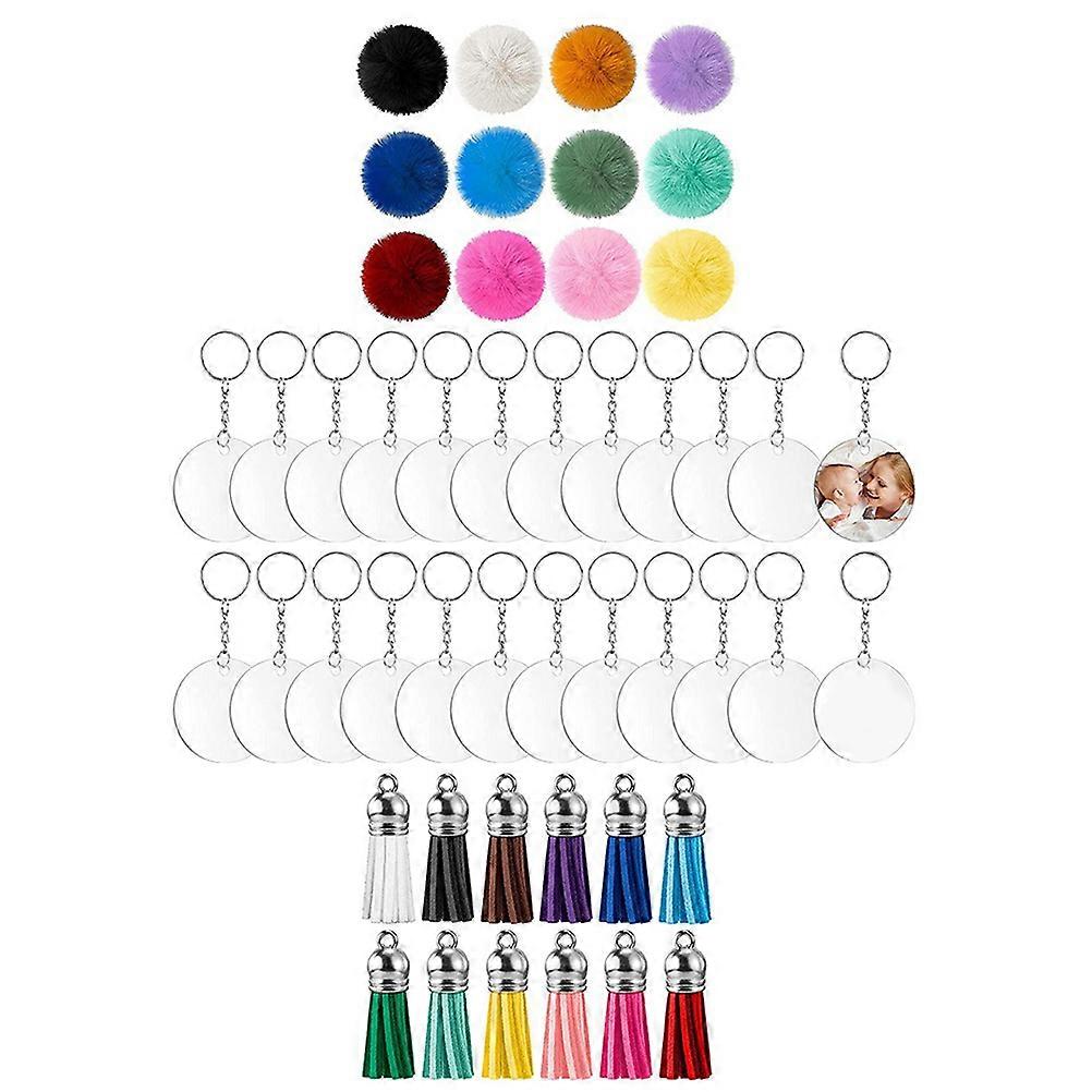 DIY Blank Acrylic Keychain for Crafting 4Sets with Key Ring Tassel and Fluffy Ball