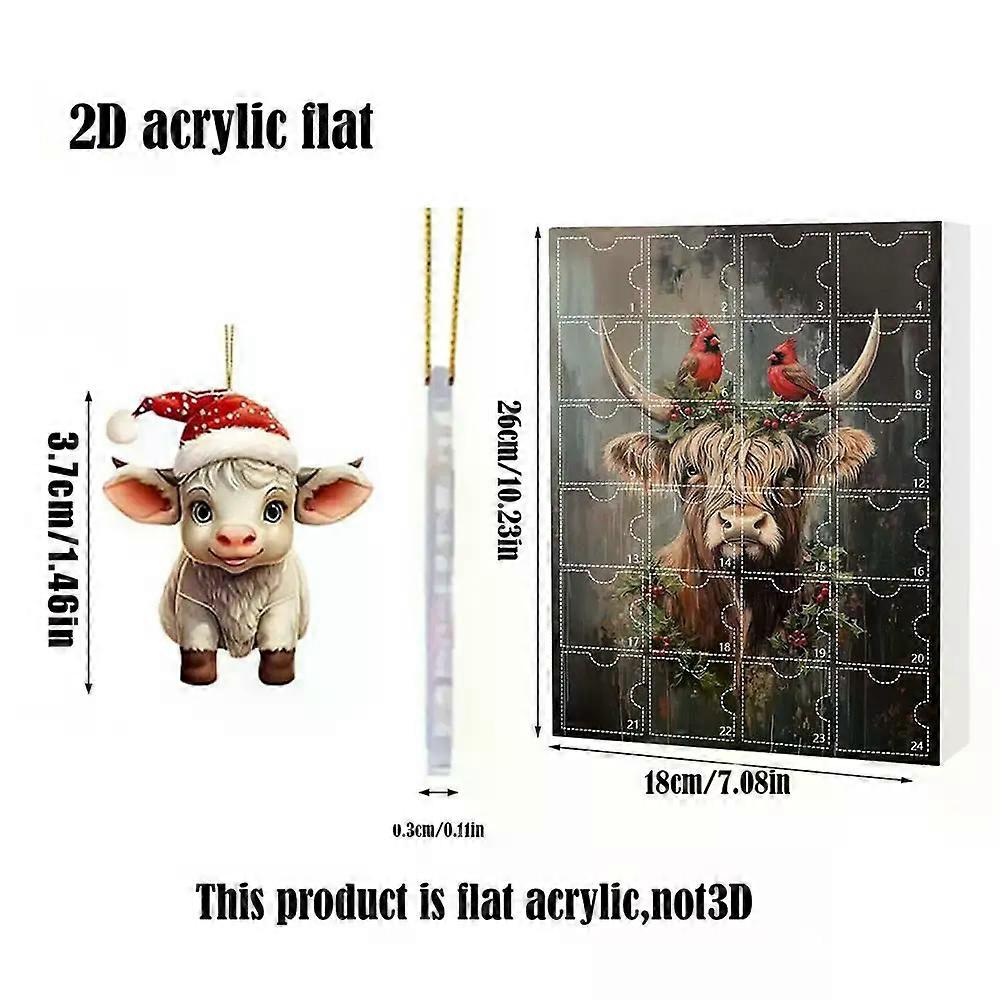Christmas Advent 2D Acrylic Cute Highland Cow Ornament Set 24 Days Countdown Calendar Animal Charm Pendants Christmas Tree Decor
