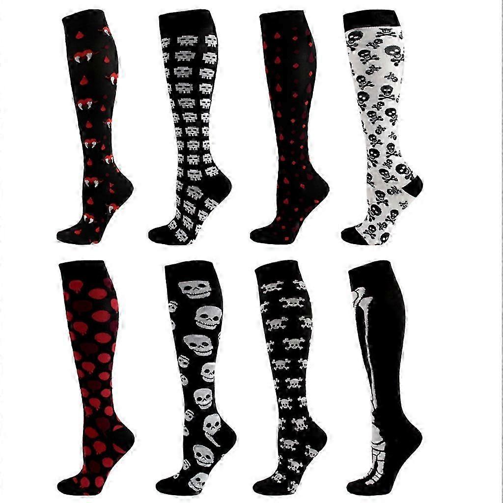 8 Pairs Halloween Compression Socks Skull Skeleton Nursing Knee High Stockingsm