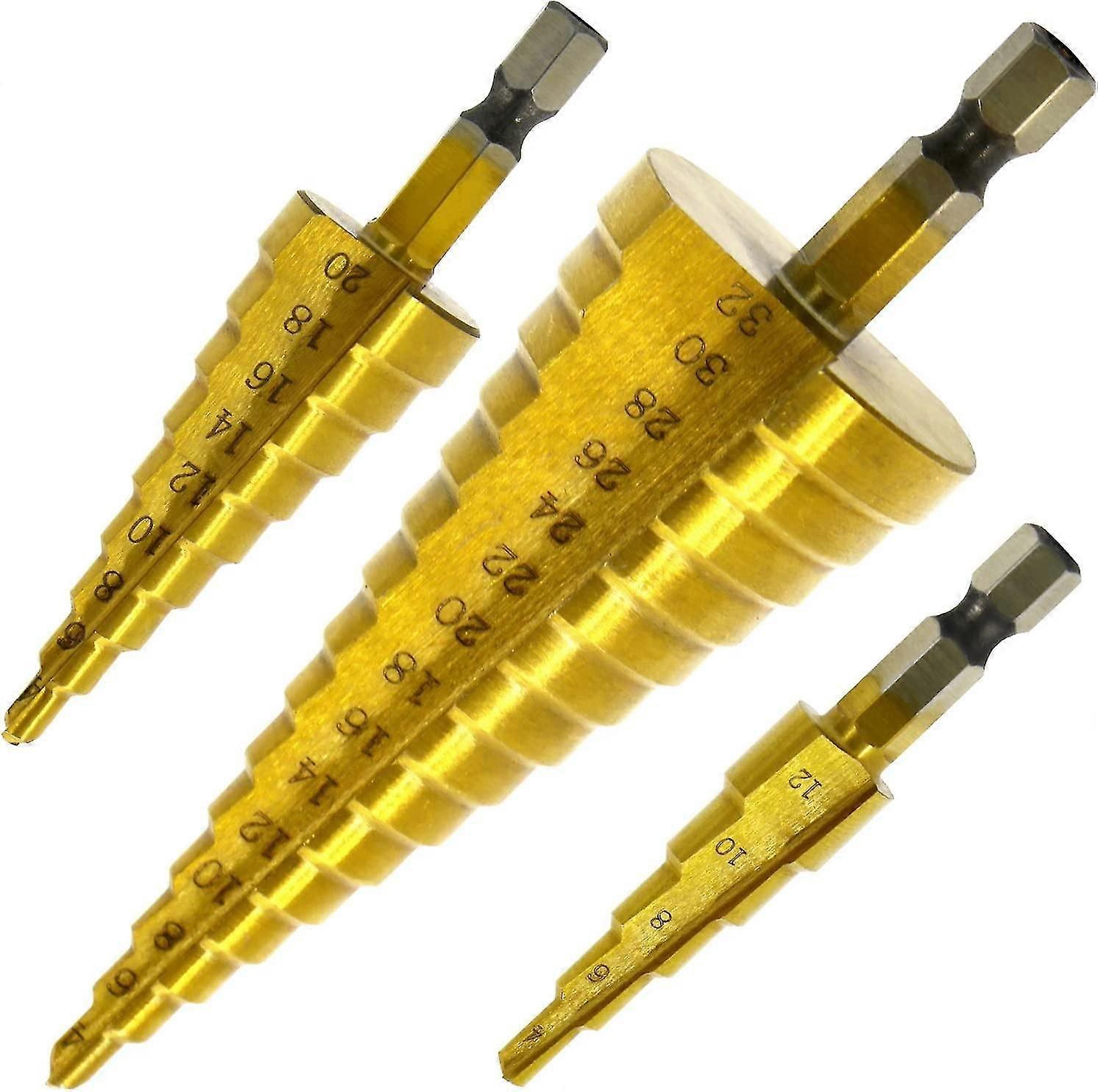 Juego con 3 taladros de perforación offset, Hss-no Steel, triángulo de título cónico, con una oficina hexagonal, para atornillar destornilladores en acero, latón, madera, plastillo