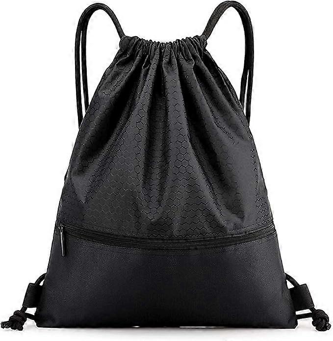 Black waterproof drawstring backpack, large capacity drawstring sports bag with zipper pocket