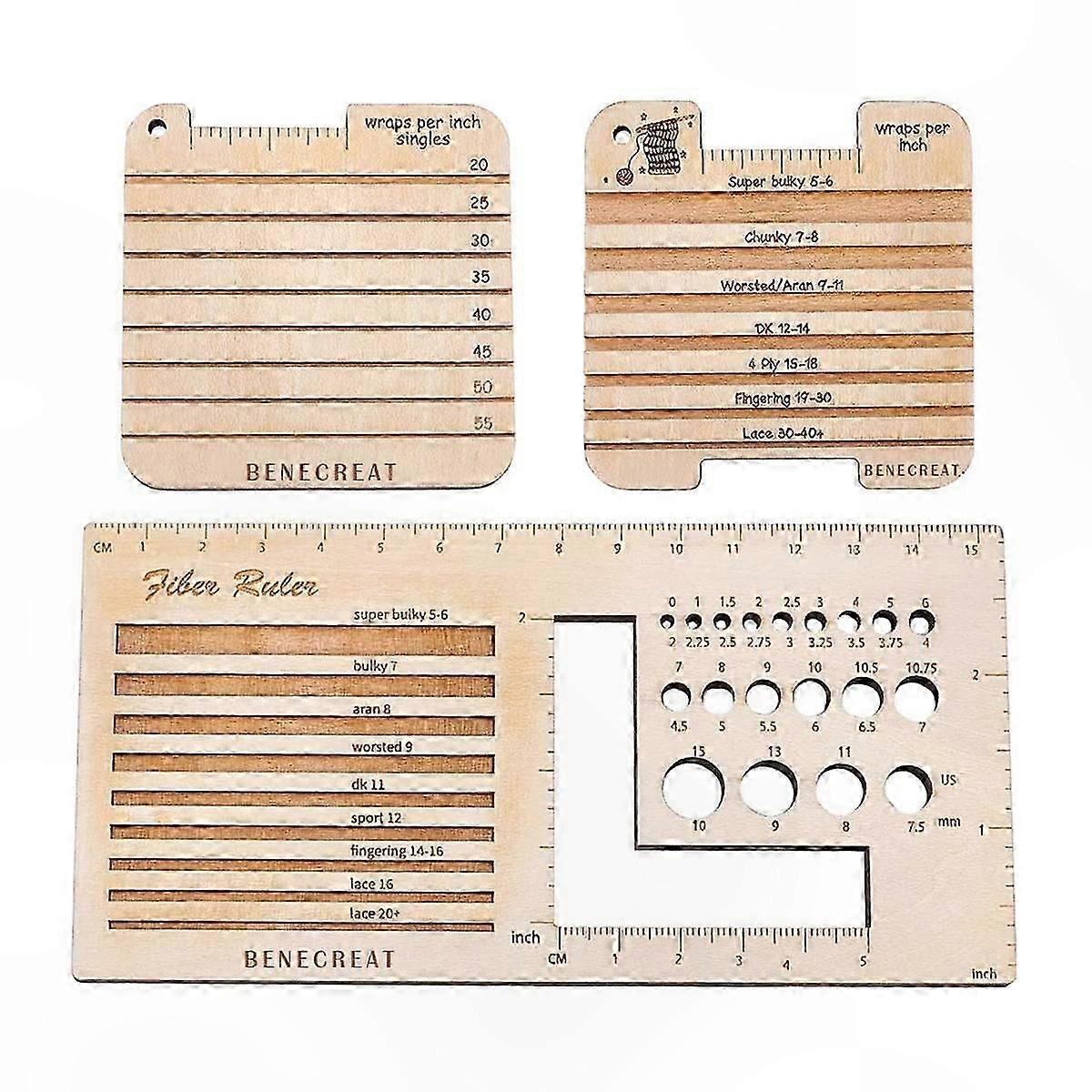 Wood Knitting Needle Gauge Ruler, 3-in-1 Spinning Tool for Yarn Measurement and Control Card Functionality