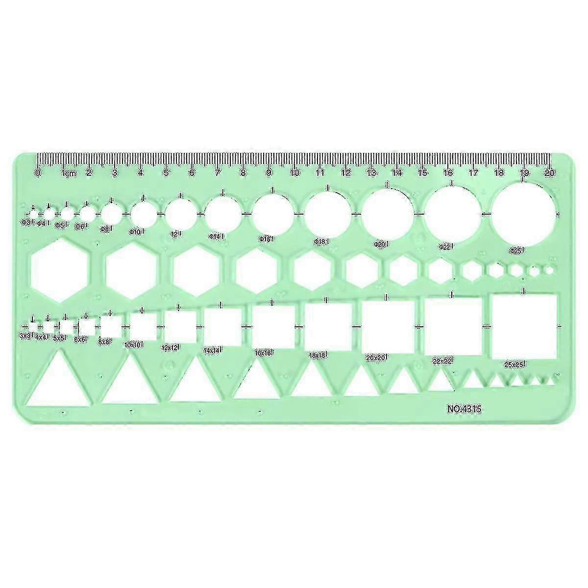 Green Plastic Circles Squares Hexagons Geometric Template Ruler 0-20cm