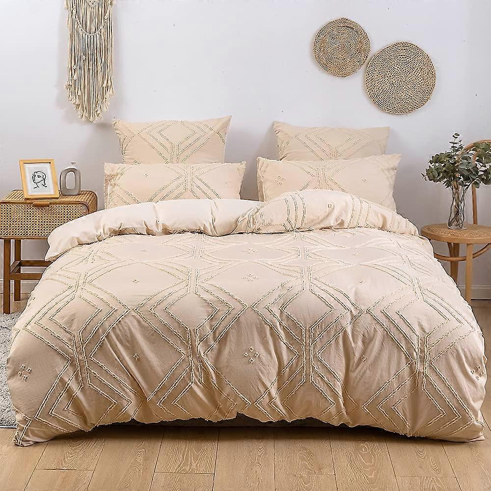 Boho Duvet Cover Twin Set, Tufted Geometric Diamond Bedding, Soft Breathable Microfiber with Zipper