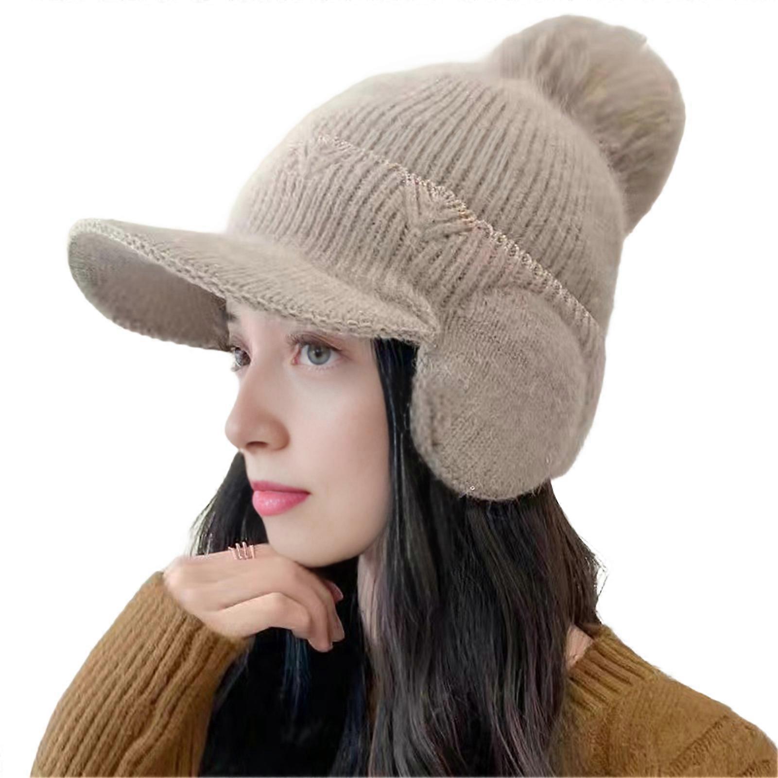 Knitting Hat Solid Color Plush Ball Decor Ear Protection Winter Hat Winter Thickened Warm Windproof