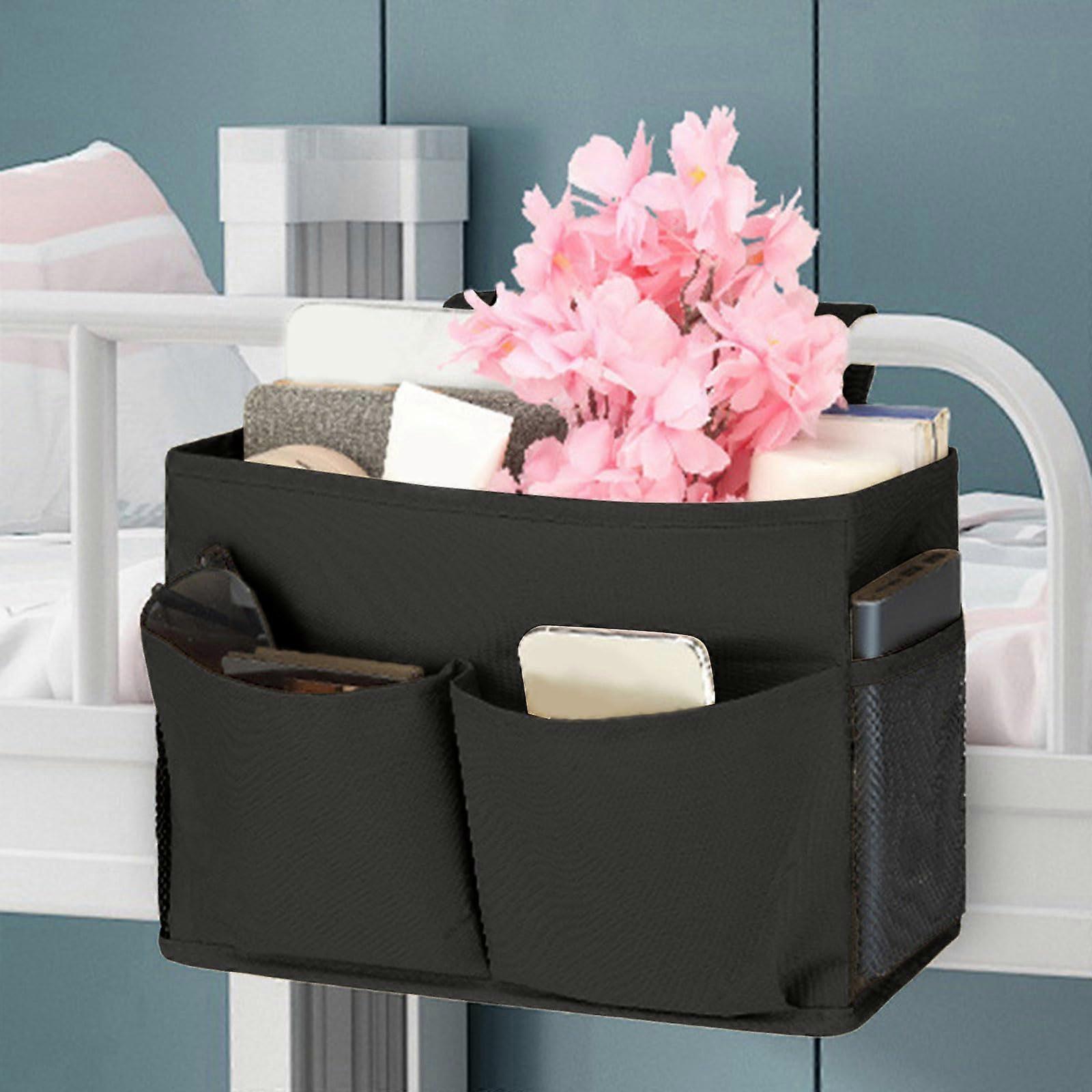 Bedside Storage Caddy Hanging Organizer with Multi Pockets Cotton Linen for Dorm Bunk Bed Black