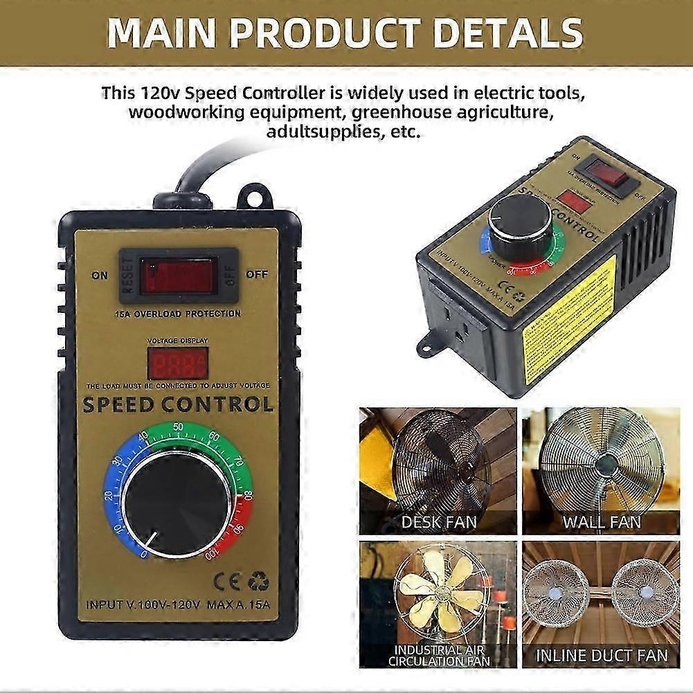 AC Motor Speed Controller - Adjustable 100V-120V & 15A Max, Electric Fan Variable Speed Regulator US Plug