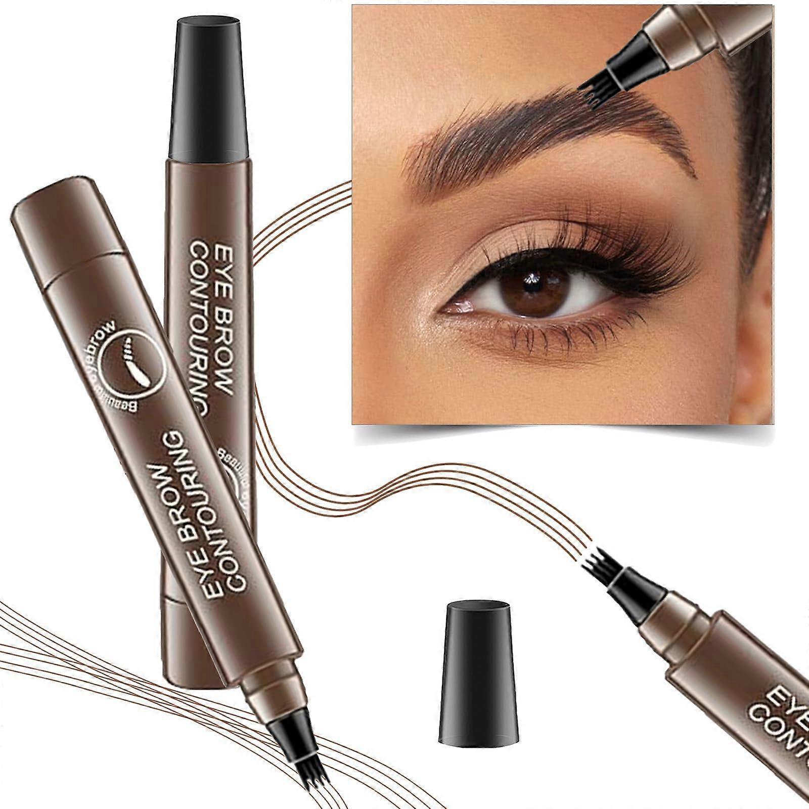 Microblading Eyebrow Pen Waterproof 4Tip Pencil Dark Brown 2 Pack Long Lasting Natural Brows