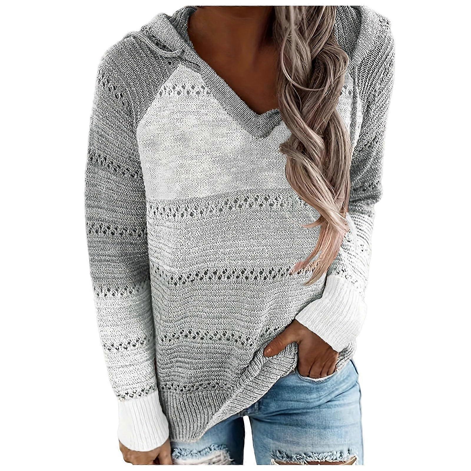 Women's VNeck Blouse Long Sleeve Patchwork Fashion  Thermal Pullover L