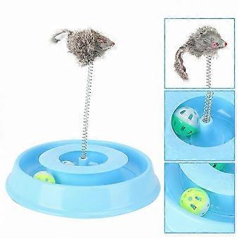 Interactive Plastic Cat Toy Board with Bell, Ball, Spring, and Mouse in Blue
